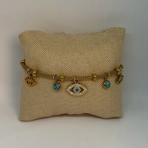 Gold Tone Evil Eye Charm Bracelet | Turquoise & Hamsa Charms | K18 Tag